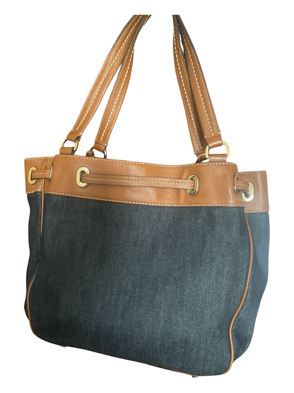 Michael Kors Tan Leather & Dark Denim Tote with Gold Hardware large bag - Picture 2 of 11